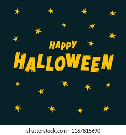Happy Halloween text banner. Cartoon happy hallowen text and stars on dark background. Cartoon Vector illustration.