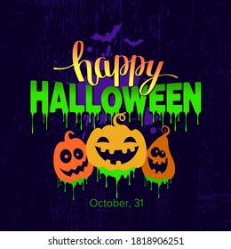 Happy halloween text banner with cartoon pumpkins and bats. Vector illustration