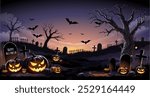 Happy Halloween Text Banner, Halloween cemetery landscape with old house, pumpkins and tombstones, vector background. Halloween holiday trick or treat party banner with midnight moon and cemetery.