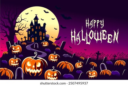 Feliz Anuncio de texto de Halloween, paisaje del cementerio de Halloween con casa vieja, calabazas y lápidas, fondo de Vector. Anuncio de fiesta de Halloween con luna de medianoche y cementerio.