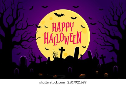 Feliz Anuncio de texto de Halloween. Paisaje de la silueta del cementerio de Halloween. Fondo o Anuncio de miedo de fiesta de Halloween, telón de fondo de Vector espeluznante con luna tonta y murciélagos voladores, tumbas de cementerio.