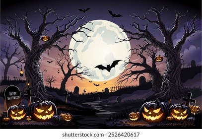 Feliz banner de texto de Halloween, paisagem de cemitério de Halloween com casa velha, abóboras e lápides, fundo vetorial. Dia das Bruxas truque feriado ou tratar festa banner com meia-noite lua e cemitério.