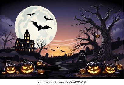 Feliz Anuncio de texto de Halloween, paisaje del cementerio de Halloween con casa vieja, calabazas y lápidas, fondo de Vector. Anuncio de fiesta de Halloween con luna de medianoche y cementerio.