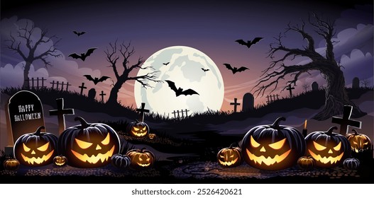 Feliz banner de texto de Halloween, paisagem de cemitério de Halloween com casa velha, abóboras e lápides, fundo vetorial. Dia das Bruxas truque feriado ou tratar festa banner com meia-noite lua e cemitério.