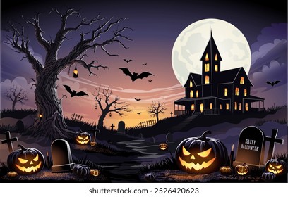 Happy Halloween Text Banner, Halloween cemetery landscape with old house, pumpkins and tombstones, vector background. Halloween holiday trick or treat party banner with midnight moon and cemetery.