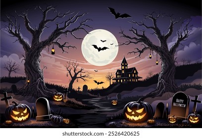 Happy Halloween Text Banner, Halloween cemetery landscape with old house, pumpkins and tombstones, vector background. Halloween holiday trick or treat party banner with midnight moon and cemetery.