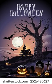 Feliz banner de texto de Halloween, paisagem de cemitério de Halloween com casa velha, abóboras e lápides, fundo vetorial. Dia das Bruxas truque feriado ou tratar festa banner com meia-noite lua e cemitério.