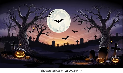 Feliz Anuncio de texto de Halloween, paisaje del cementerio de Halloween con casa vieja, calabazas y lápidas, fondo de Vector. Anuncio de fiesta de Halloween con luna de medianoche y cementerio.