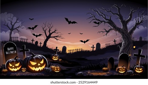 Feliz banner de texto de Halloween, paisagem de cemitério de Halloween com casa velha, abóboras e lápides, fundo vetorial. Dia das Bruxas truque feriado ou tratar festa banner com meia-noite lua e cemitério.