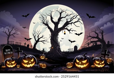 Happy Halloween Text Banner, Halloween cemetery landscape with old house, pumpkins and tombstones, vector background. Halloween holiday trick or treat party banner with midnight moon and cemetery.