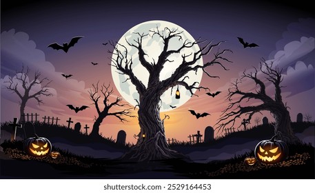 Happy Halloween Text Banner, Halloween cemetery landscape with old house, pumpkins and tombstones, vector background. Halloween holiday trick or treat party banner with midnight moon and cemetery.