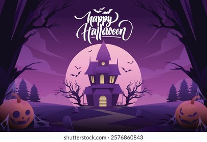 Happy Halloween Text Banner, Halloween cemetery landscape with old house, pumpkins and tombstones, vector background. Halloween holiday trick or treat party banner with midnight moon and cemetery.