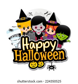 Happy Halloween text banner with Children dressed in Halloween costumes on a plain White background. Characters include vampire, dracula, witches, frankenstein, Mummies, spiders, pumpkins and bats