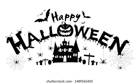Happy Halloween Text Banner with cobweb,spider,pumpkin,castle,graves,modern design Idea and Concept  illustration Vector.   