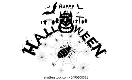 Happy Halloween Text Banner with cobweb,spider,pumpkin,castle,graves,modern design Idea and Concept  illustration Vector.   