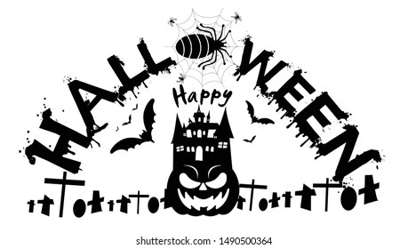 Happy Halloween Text Banner with cobweb,spider,pumpkin,castle,graves,modern design Idea and Concept  illustration Vector.   