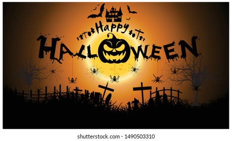 Happy Halloween Text Banner with cobweb,spider,pumpkin,castle,graves,modern design Idea and Concept  illustration Vector.   