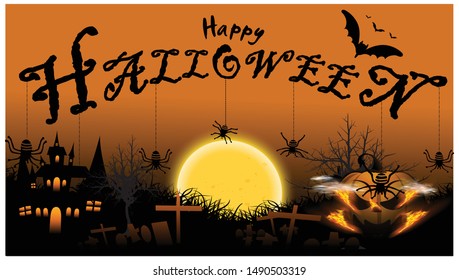 Happy Halloween Text Banner with cobweb,spider,pumpkin,castle,graves,modern design Idea and Concept  illustration Vector.   