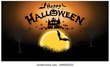 Happy Halloween Text Banner with cobweb,spider,pumpkin,castle,graves,modern design Idea and Concept  illustration Vector.   