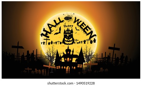 Happy Halloween Text Banner with cobweb,spider,pumpkin,castle,graves,modern design Idea and Concept  illustration Vector.   
