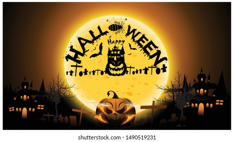 Happy Halloween Text Banner with cobweb,spider,pumpkin,castle,graves,modern design Idea and Concept  illustration Vector.   

