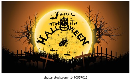 Happy Halloween Text Banner with cobweb,spider,pumpkin,castle,graves,modern design Idea and Concept  illustration Vector.  