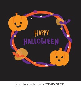 Happy Halloween text banner. Cute pumpkin character with boarder for Halloween party.