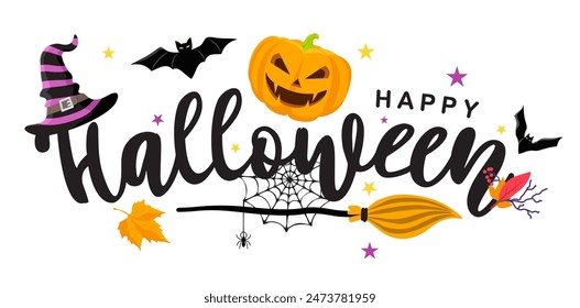 Happy Halloween Text Banner. Happy Halloween dekorativer Schriftzug mit Fledermäusen, Spinne, Spinnen-Web und Hexenhut . Vektorillustration isoliert auf weißem Hintergrund.