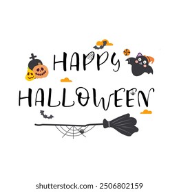 Happy Halloween. Text banner. Happy Halloween decorative lettering with bats, spider, cobweb and witch hat. Vector illustration isolated on white background.