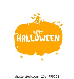 Happy Halloween text banner design template with scary halloween pumpkin isolated on white background. Halloween party lettering logo, label, sticker, poster and banner design 