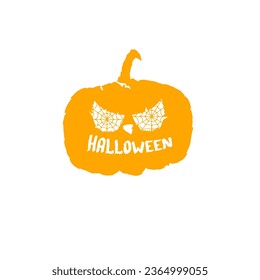 Happy Halloween text banner design template with scary halloween pumpkin isolated on white background. Halloween party lettering logo, label, sticker, poster and banner design 