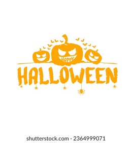 Happy Halloween text banner design template with scary halloween pumpkin isolated on white background. Halloween party lettering logo, label, sticker, poster and banner design 