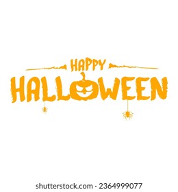 Feliz diseño de pancartas de texto de Halloween con calabaza de halloween aterradora aislada en fondo blanco. Logo de la fiesta de Halloween, etiqueta, pegatina, afiche y diseño de banderas 