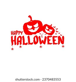 Happy Halloween text banner design template with scary halloween pumpkin isolated on white background. Red Halloween party lettering logo, label, sticker, poster and banner design