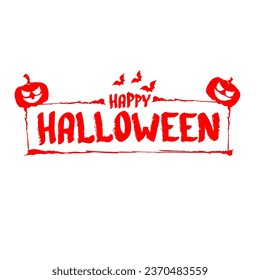 Happy Halloween text banner design template with scary halloween pumpkin isolated on white background. Red Halloween party lettering logo, label, sticker, poster and banner design