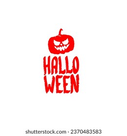 Happy Halloween text banner design template with scary halloween pumpkin isolated on white background. Red Halloween party lettering logo, label, sticker, poster and banner design