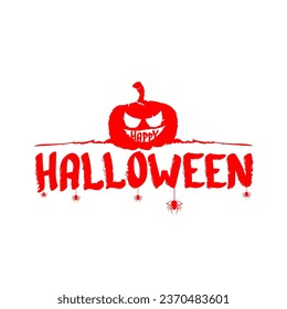 Happy Halloween text banner design template with scary halloween pumpkin isolated on white background. Red Halloween party lettering logo, label, sticker, poster and banner design
