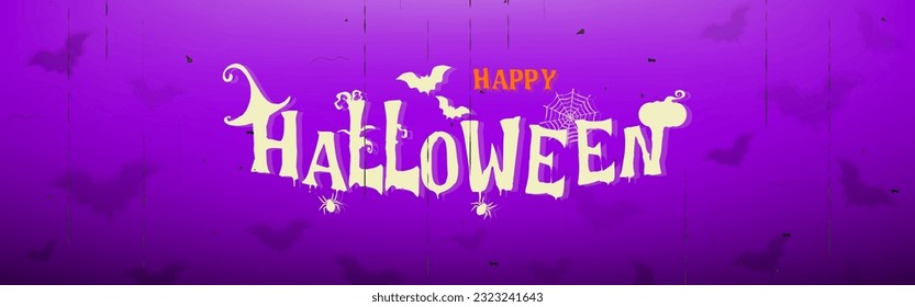 Happy Halloween Text Banner in Film retro style on Purple sky with Bats fly background Vector illustration.