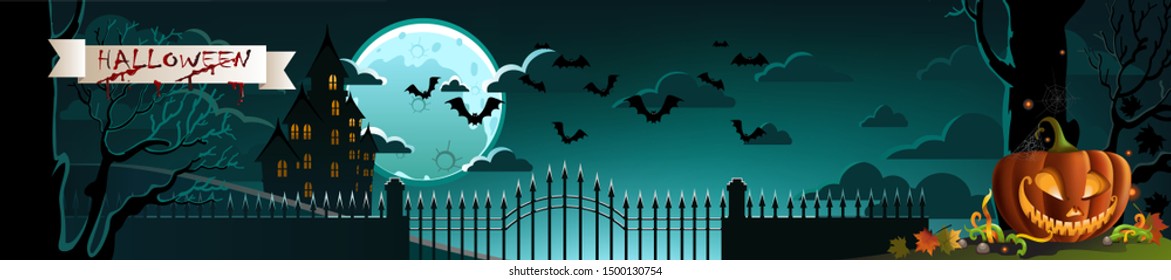 Happy halloween text banner. Halloween fullmoon banner.The scene has cemetery, Haunted House, Pumpkins and Bats. halloween tree background vector.  Designed for Panorama.