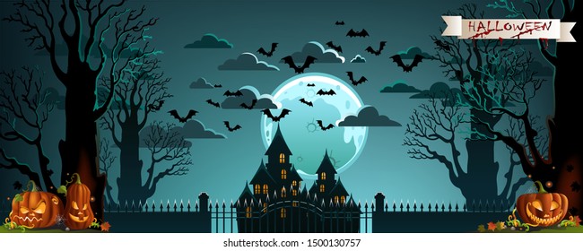 Happy halloween text banner. Halloween fullmoon banner.The scene has cemetery, Haunted House, Pumpkins and Bats. halloween tree background vector. Designed for horizontal squares.