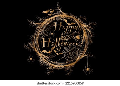 Happy Halloween Text Banner, gold horror wreath of branches, a realistic round frame border of twisted branches, golden vector illustration isolated on black background