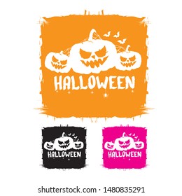 Happy Halloween text Banner or grunge background. Vector color halloween label or sticker with scary pumpkin isolated on white background.