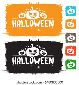 Happy Halloween text Banner or grunge background. Vector color halloween label or sticker with scary pumpkin isolated on white background.