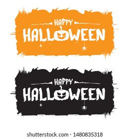 Happy Halloween text Banner or grunge background. Vector color halloween label or sticker with scary pumpkin isolated on white background.