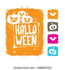 Happy Halloween text Banner or grunge background. Vector color halloween label or sticker with scary pumpkin isolated on white background.