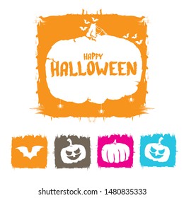 Happy Halloween text Banner or grunge background. Vector color halloween label or sticker with scary pumpkin isolated on white background.
