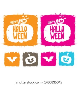 Happy Halloween text Banner or grunge background. Vector color halloween label or sticker with scary pumpkin isolated on white background.