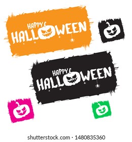 Happy Halloween text Banner or grunge background. Vector color halloween label or sticker with scary pumpkin isolated on white background.