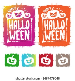 Happy Halloween text Banner or grunge background. Vector color halloween label or sticker with scary pumpkin isolated on white background.