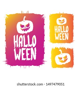 Happy Halloween text Banner or grunge background. Vector color halloween label or sticker with scary pumpkin isolated on white background.